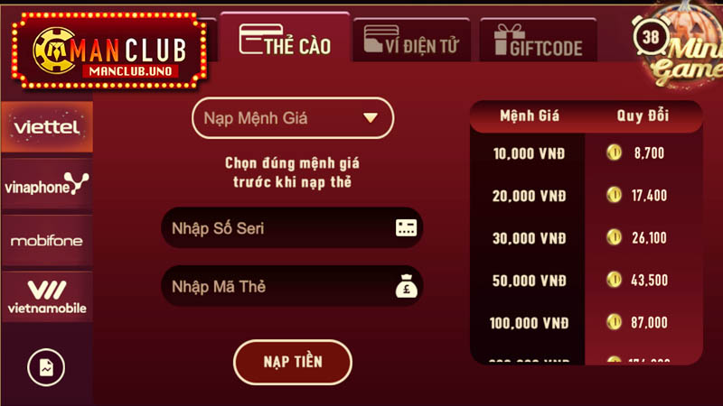 Vấn đề cần chú ý khi nạp tiền Manclub